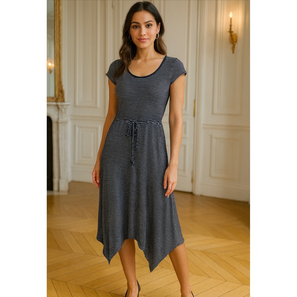 Lauren Ralph Lauren Am  Black White Striped Jersey Knit Midi‎ Dress Asymmetrical